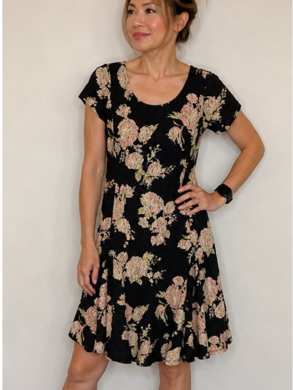 LRL Lauren Ralph Lauren Black Floral Lace Midi Dress Petite Medium Lined Stretch